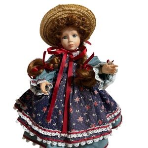 Vintage Collectible Doll with Floral Dress and Straw Hat, Anne of Green Gables